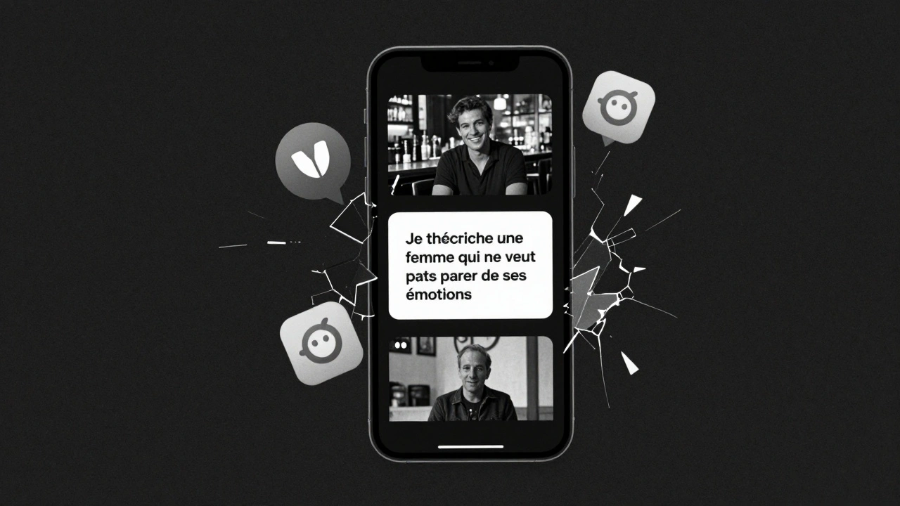 Un écran de téléphone affichant des profils de rencontre authentiques, entouré de symboles de Tinder brisés.