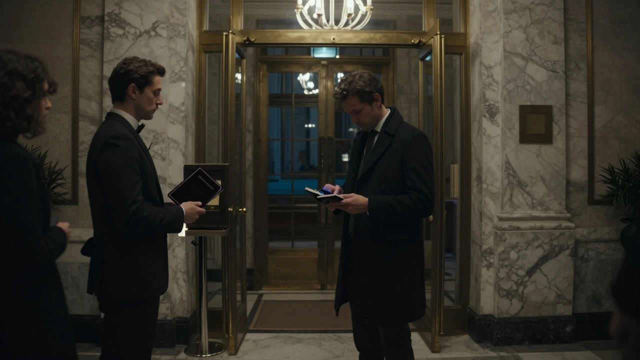 Un homme dépose son téléphone à l'entrée du Sex Club Paris, accueilli par un majordome dans un hall sombre et élégant en marbre et laiton.