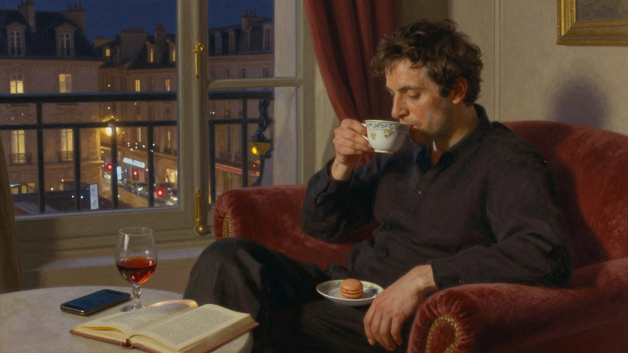 Un homme seul boit du thé dans un appartement parisien, la lumière de la ville scintillant à la fenêtre.