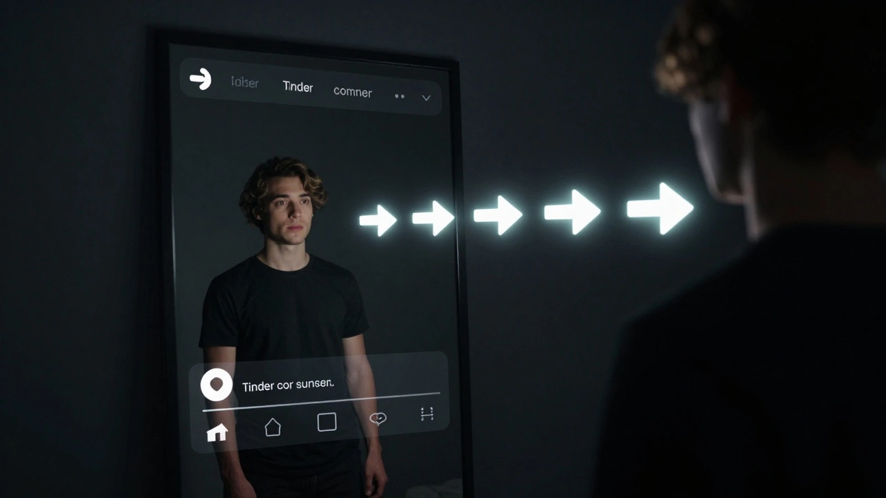 Un miroir reflétant une interface Tinder au lieu d'un visage, symbolisant la quête de validation.