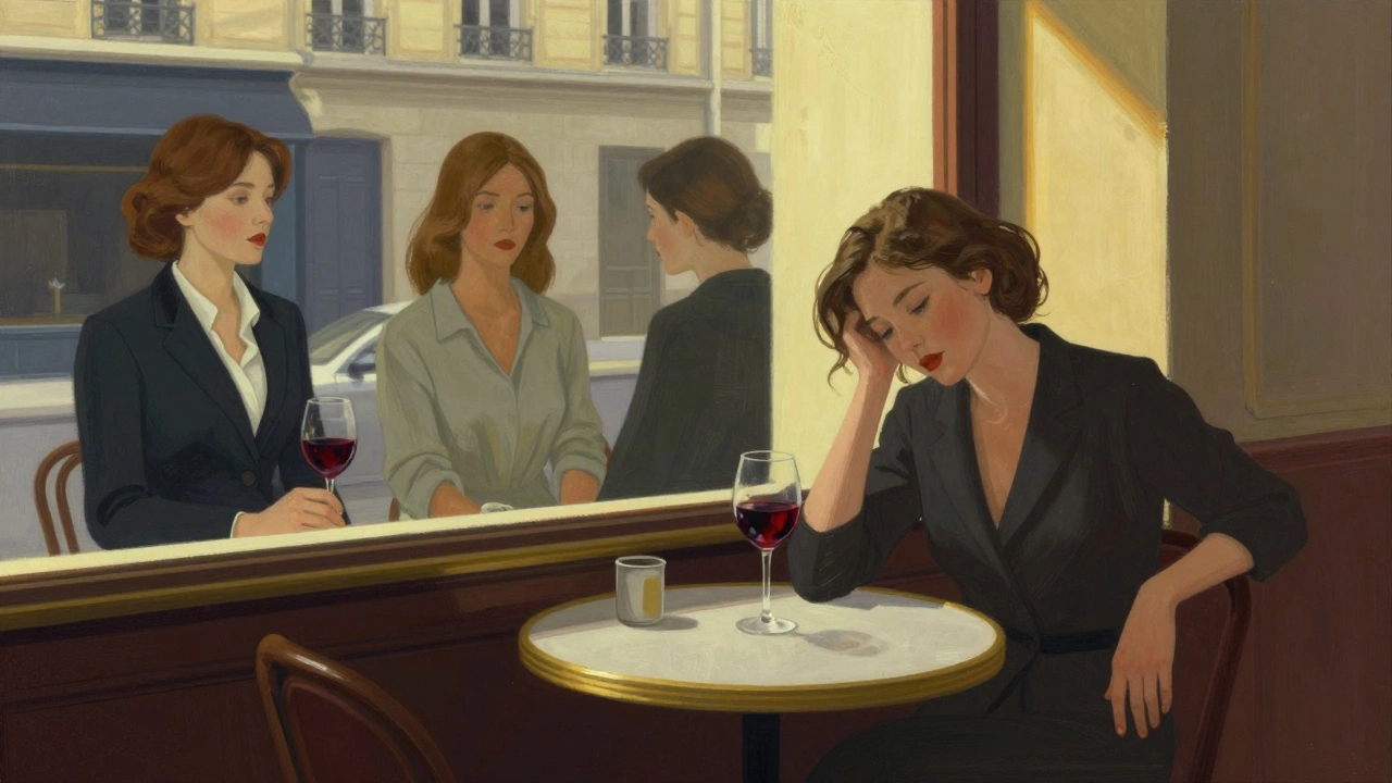 Une femme dans un bar du 11e arrondissement, son reflet révélant trois versions d'elle-même.