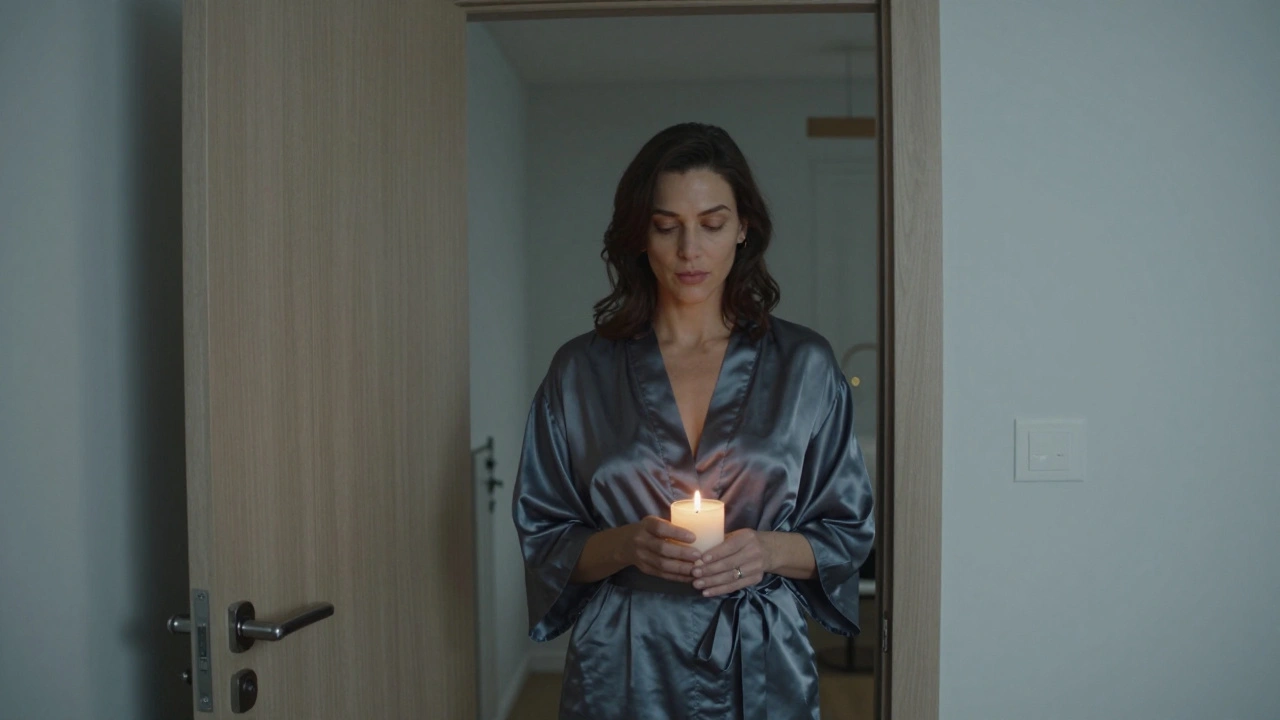 Une femme en robe de soie allume une bougie dans un appartement minimaliste, expression calme et contemplative.