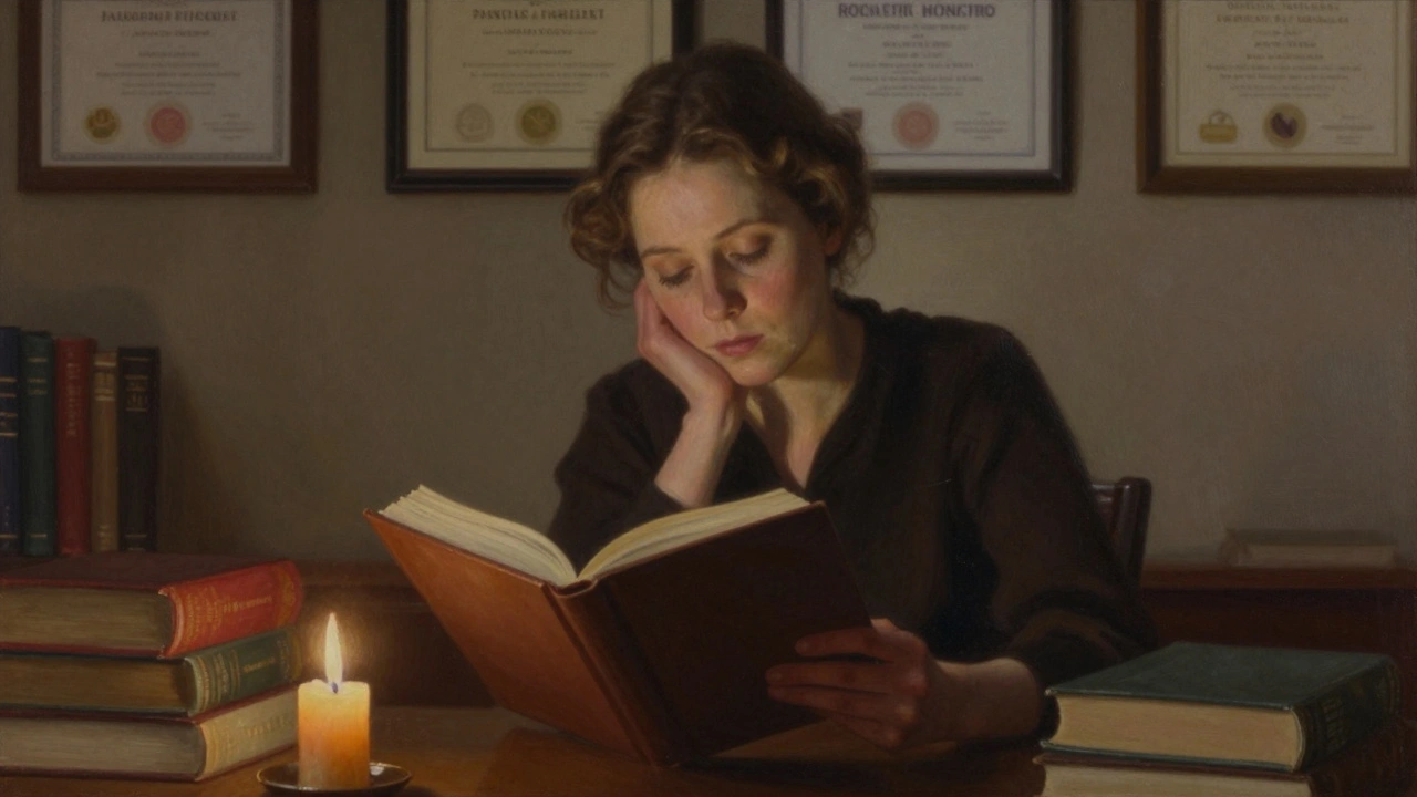 Une femme lit Rilke à voix basse dans une bibliothèque intime, entourée de livres et de lumière douce.