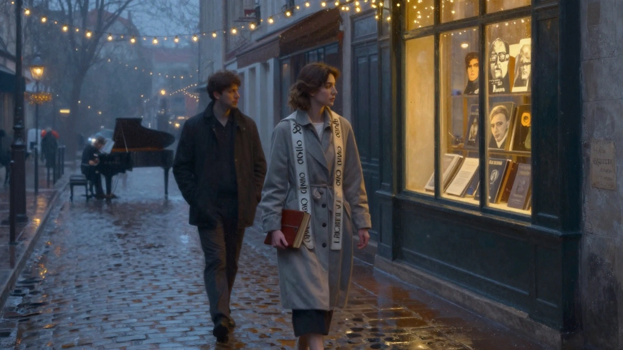 Une femme marche dans Montmartre sous la pluie, tenant un livre, tandis qu'un homme la suit à distance.