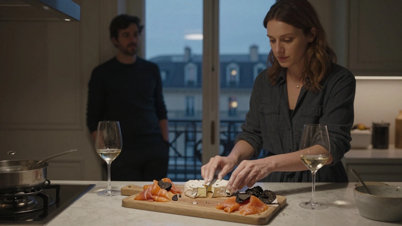Une femme prépare une planche de charcuterie dans une cuisine parisienne, homme observant en arrière-plan, lumière du crépuscule.