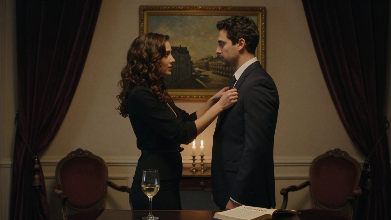 Une femme retire doucement la veste d'un homme dans une pièce intime, leur regard se croisant sans mot dire.