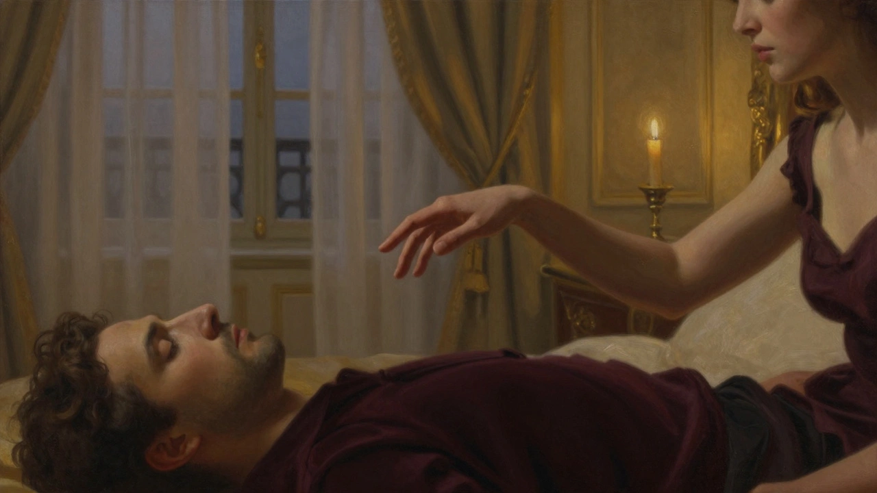 Une main au-dessus de l'épaule d'un homme, à quelques centimètres du contact, dans une lumière tamisée et une atmosphère de méditation érotique.