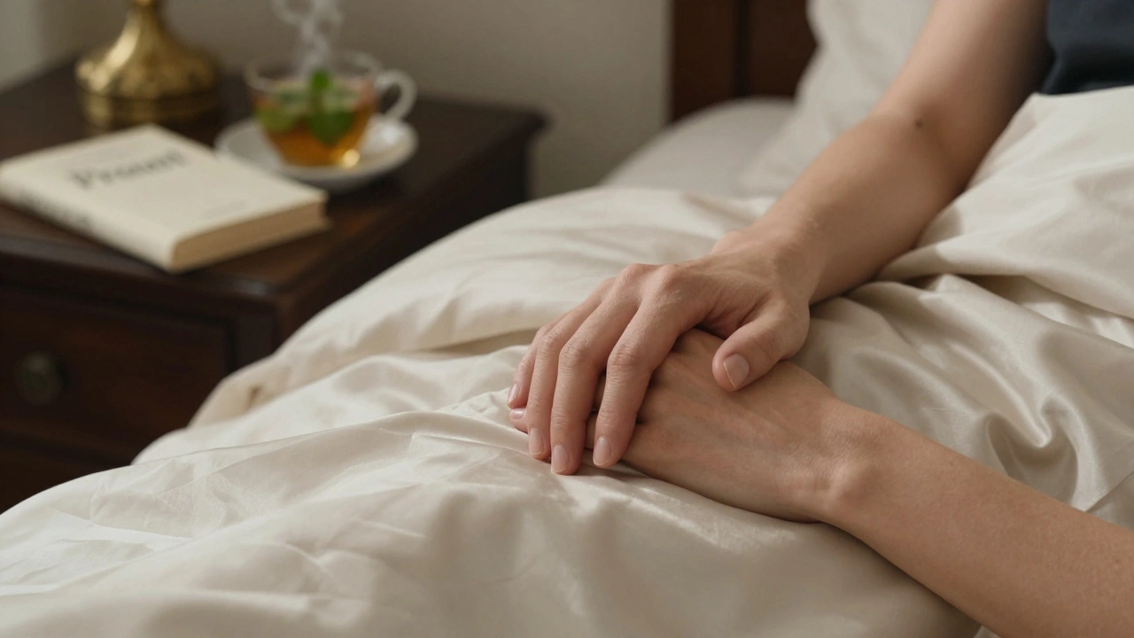 Une main de femme tenant doucement la main d'un homme sur un lit, près d'un livre et d'une tasse de thé.