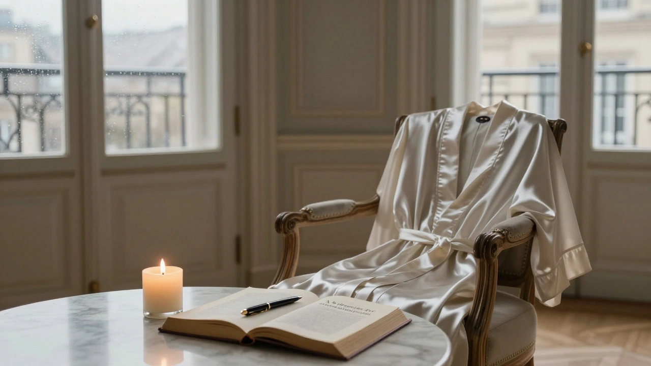 Une robe de soie posée sur une chaise, une bougie fondue et un livre ouvert de Proust dans un salon parisien vide au petit matin.