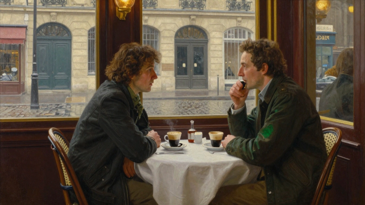 Café parisien élégant avec clients en conversation intime