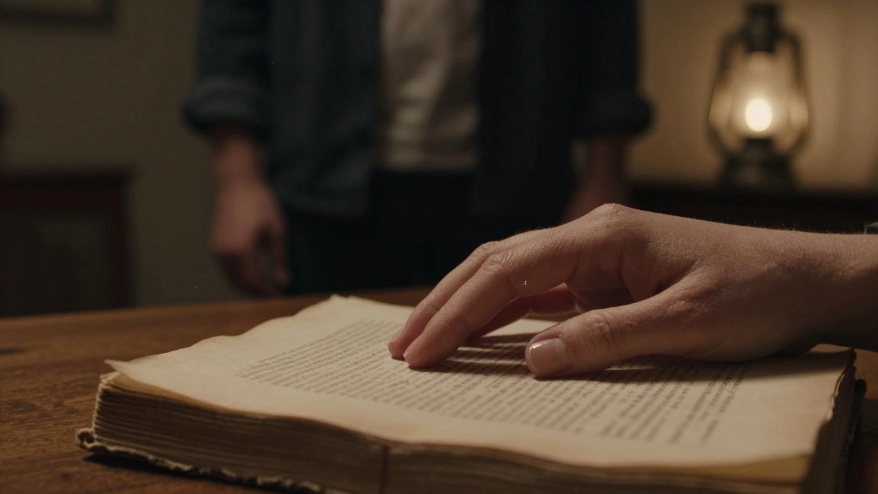 Des mains posées sur un livre ancien, une larme sur la joue, une ombre d'homme en arrière-plan—émotion sans visage.