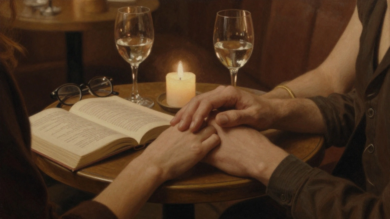 Deux mains se tenant doucement sur une table, près d'un livre ouvert et d'une bougie, dans une ambiance intime et poétique.