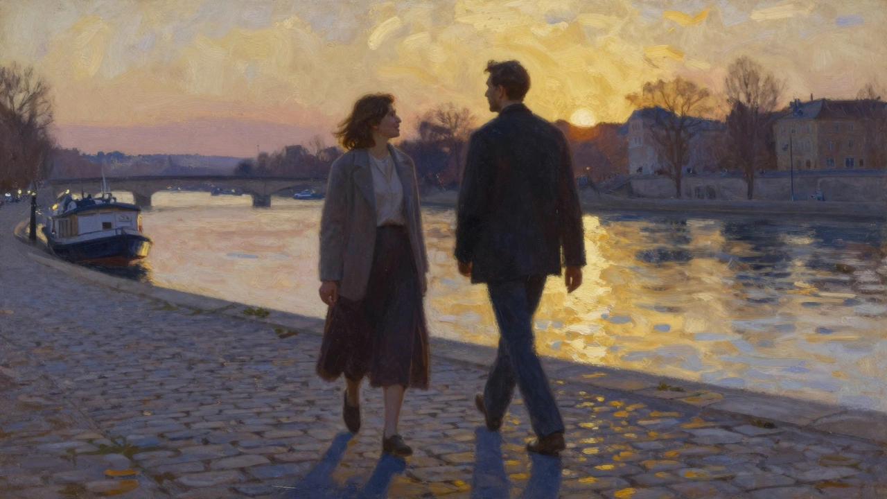 Deux personnes marchent côte à côte au bord de la Seine au coucher du soleil, ombres allongées, silence parlant plus que les mots.