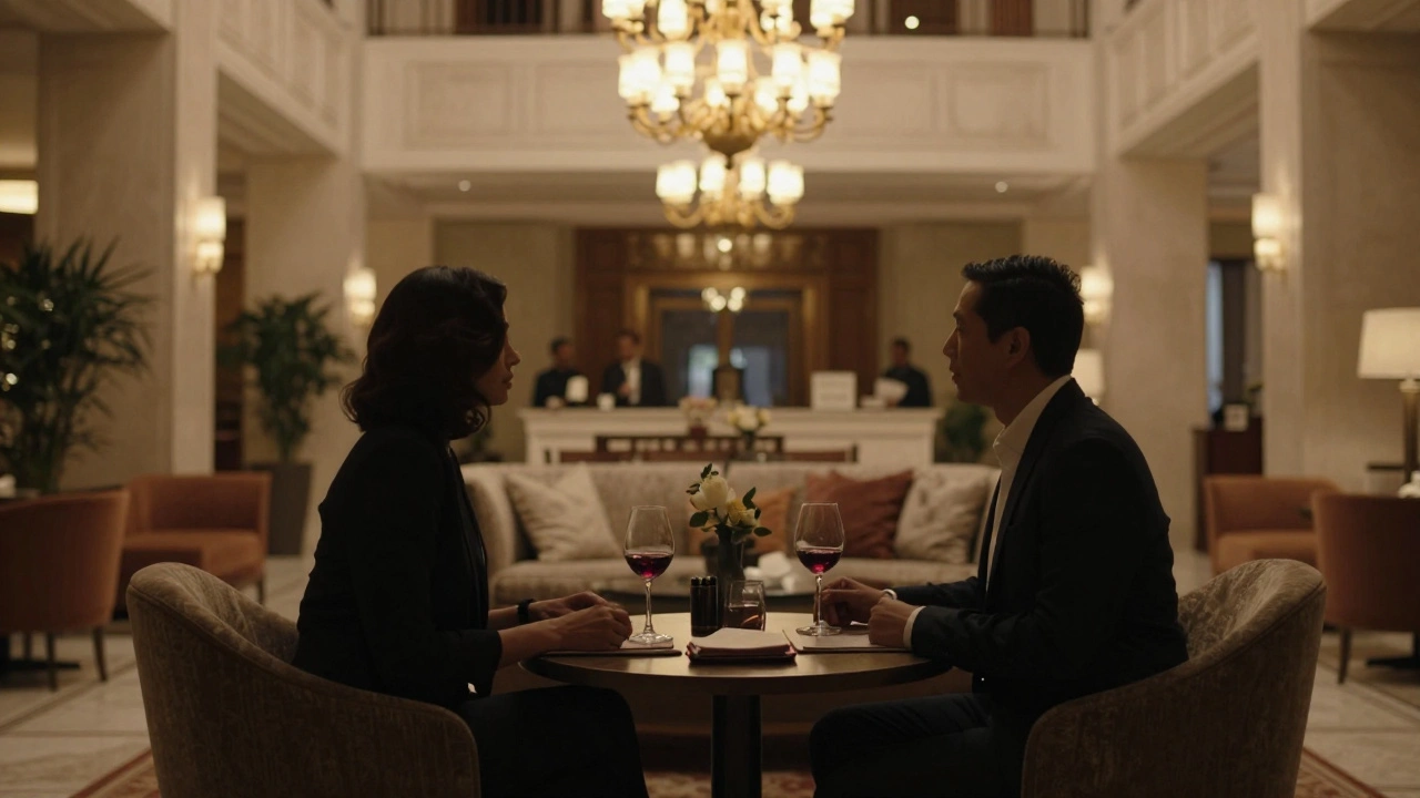 Deux silhouettes floues discutant à une table d'hôtel luxueux.