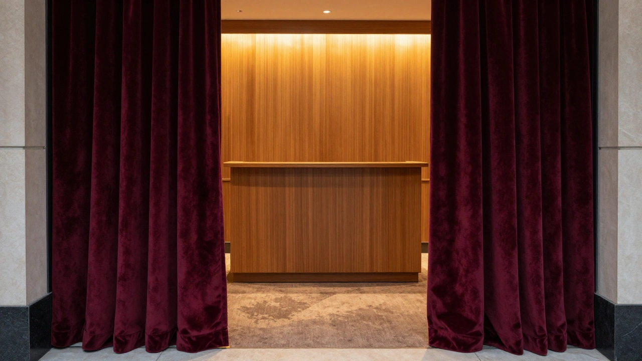 Entrée discrète d'un studio élégant avec lumière tamisée.