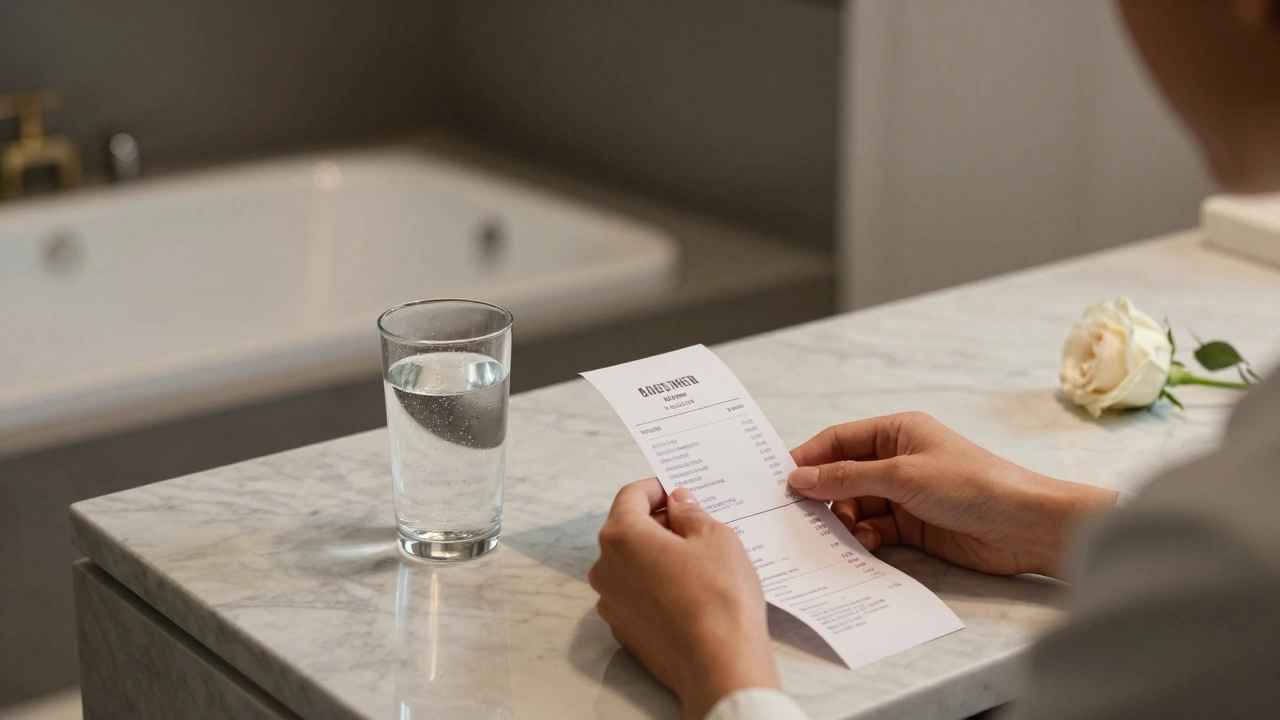 Mains posant un reçu numérique sur un plan de marbre avec une rose et un verre d'eau.
