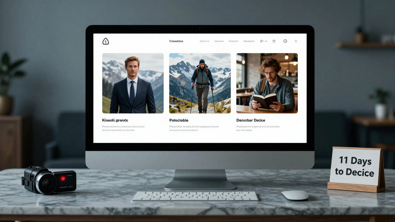 Trois photos professionnelles et une caméra enregistrent une candidature pour un site de rencontre élite, sur un bureau en marbre.