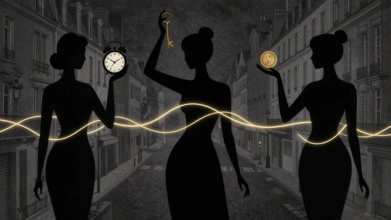 Trois silhouettes féminines abstraites à Paris, chacune tenant un symbole : horloge, clé, pièce, reliées par une lumière dorée.