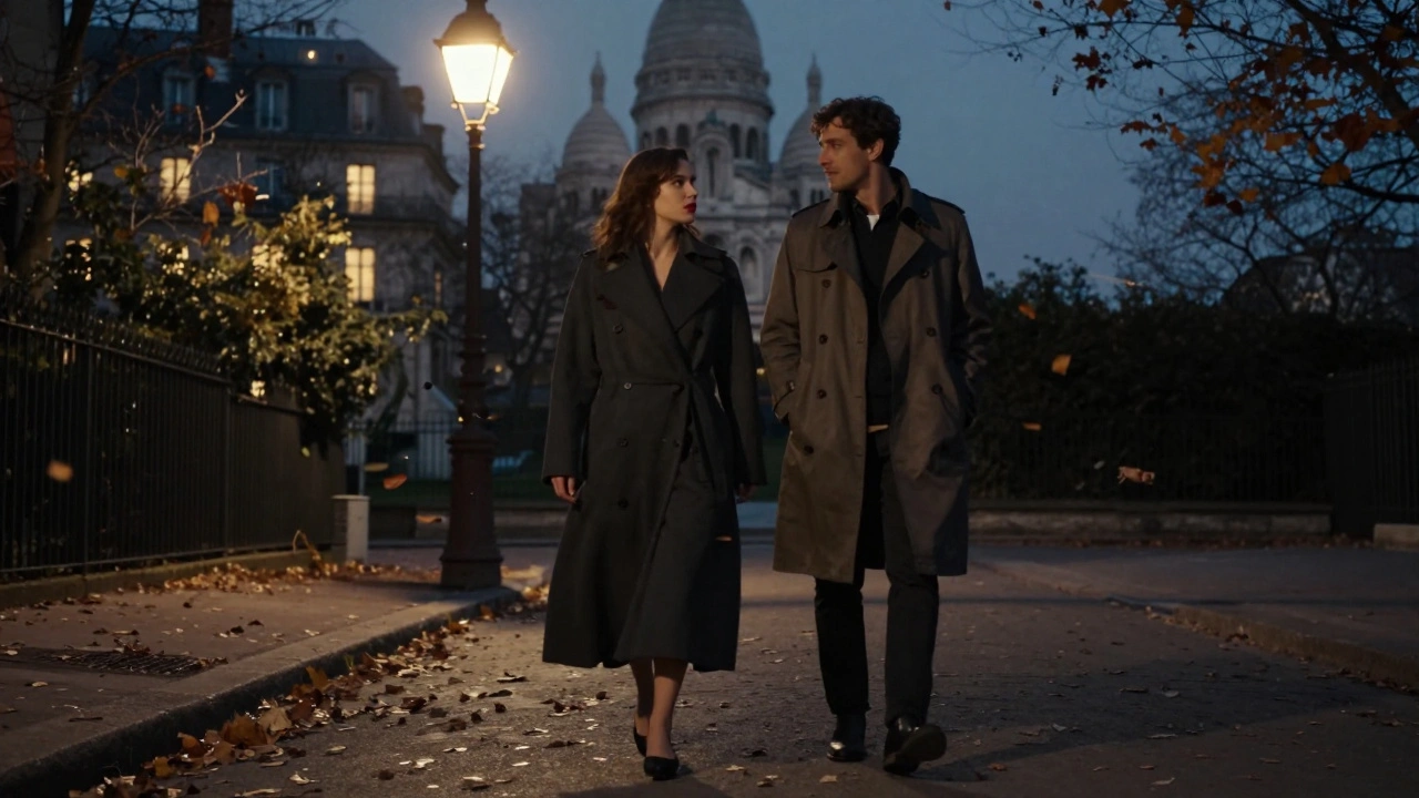 Un couple marche dans une cour cachée de Montmartre, sous une lampe, feuilles d'automne tourbillonnant autour d'eux.