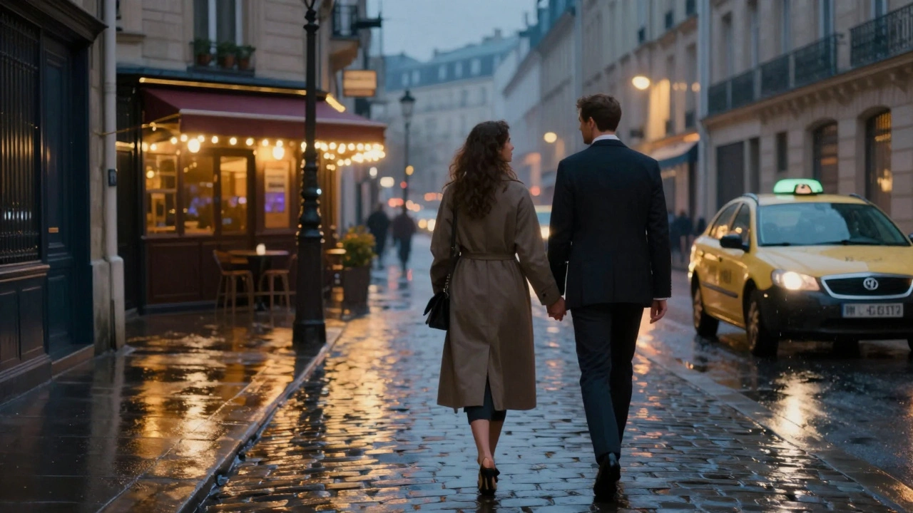 Un couple marche main dans la main dans les rues mouillées du Marais la nuit, sous les lumières douces d’un bar en haut d’un bâtiment.