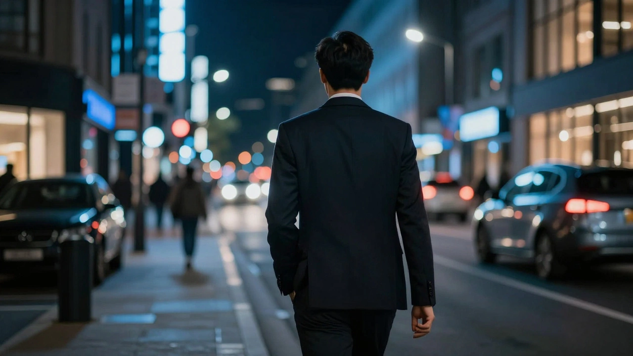 Un homme confiant marchant dans une ville illuminée la nuit.