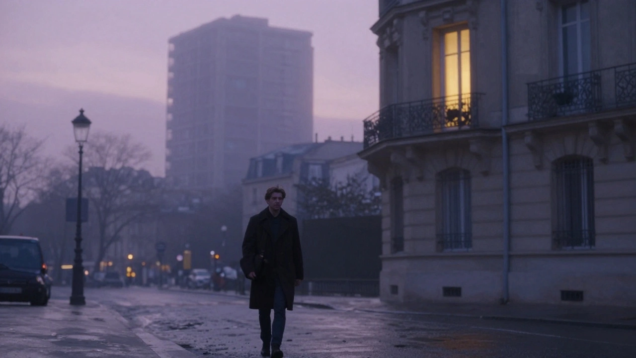 Un homme marchant seul dans une rue parisienne au petit matin, une fenêtre chaude scintille dans un immeuble derrière lui, ciel lilas et pavé mouillé.