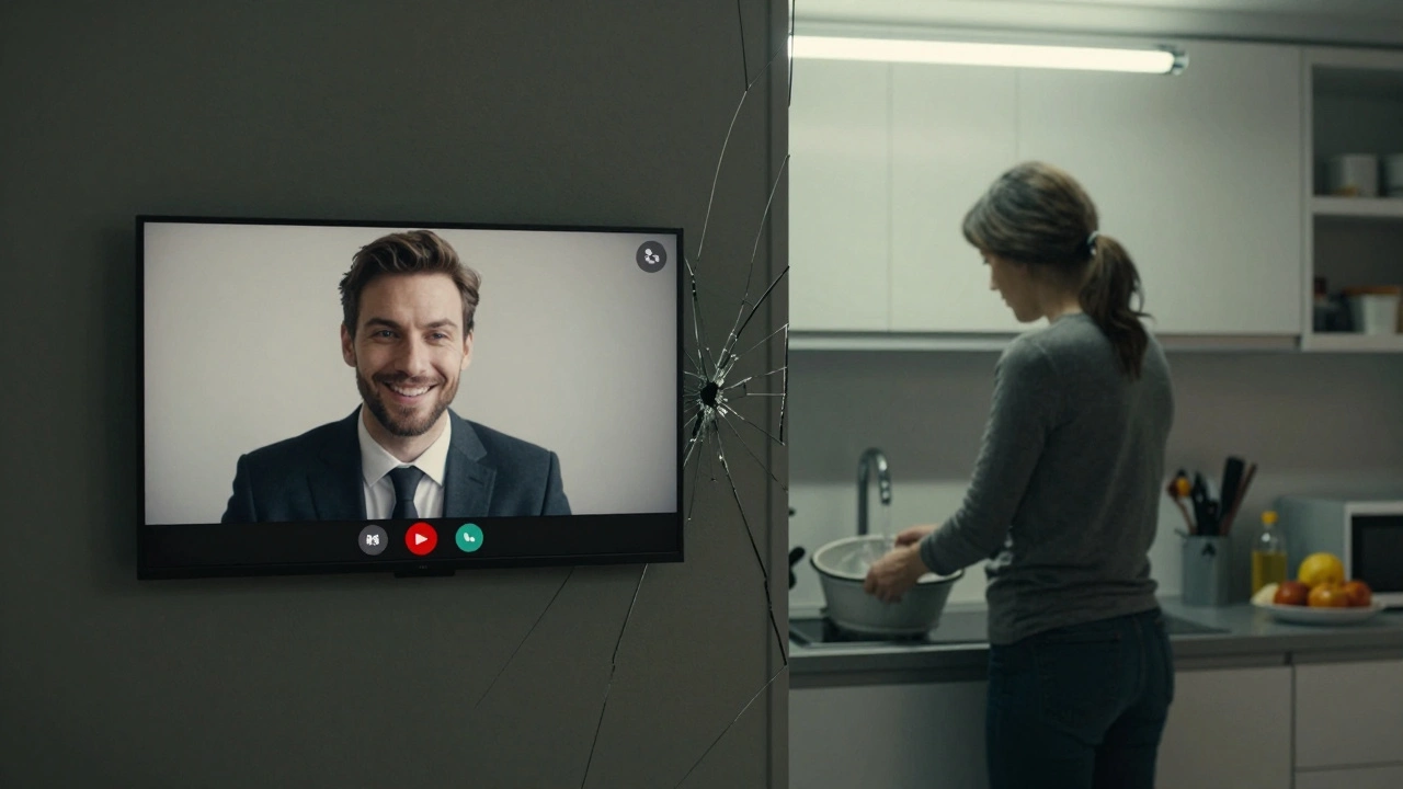 Un homme regarde un écran avec une avatar virtuelle, tandis que sa femme lui tourne le dos dans la cuisine.