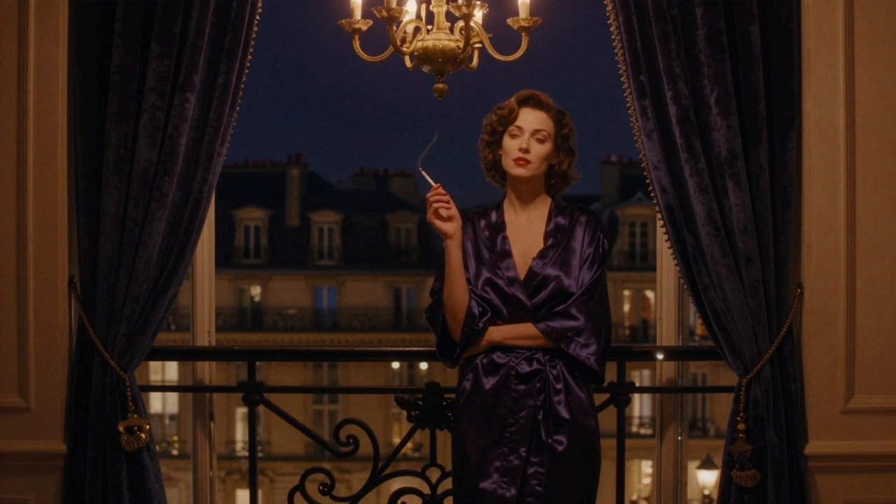 Une femme dans une robe de soie près d'un balcon parisien, ambiance cinématographique et élégante.