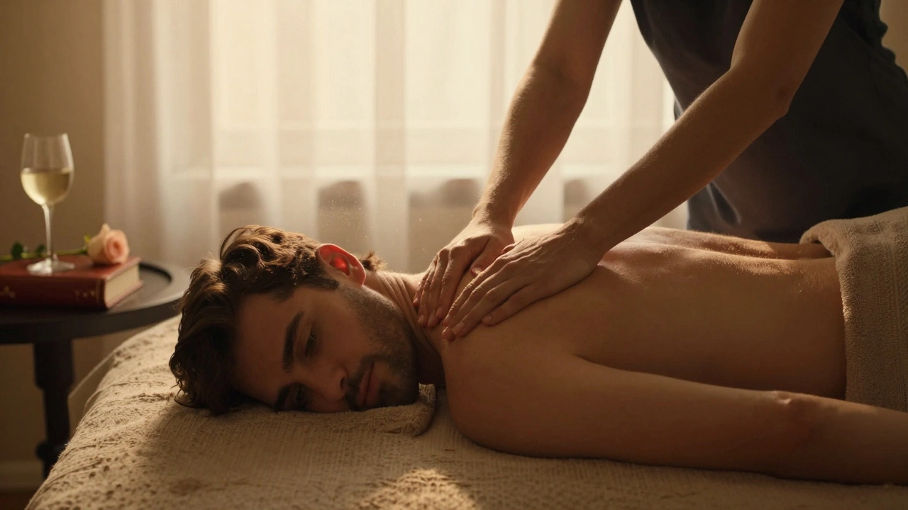 Une femme masse un homme sur un lit avec une lumière dorée, un livre et un verre de vin sur une table voisine, dans une ambiance calme et intime.