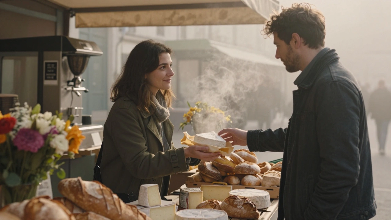 Une femme offre du fromage à un homme sur un marché parisien matinal, leurs doigts se frôlent dans la brume du matin.