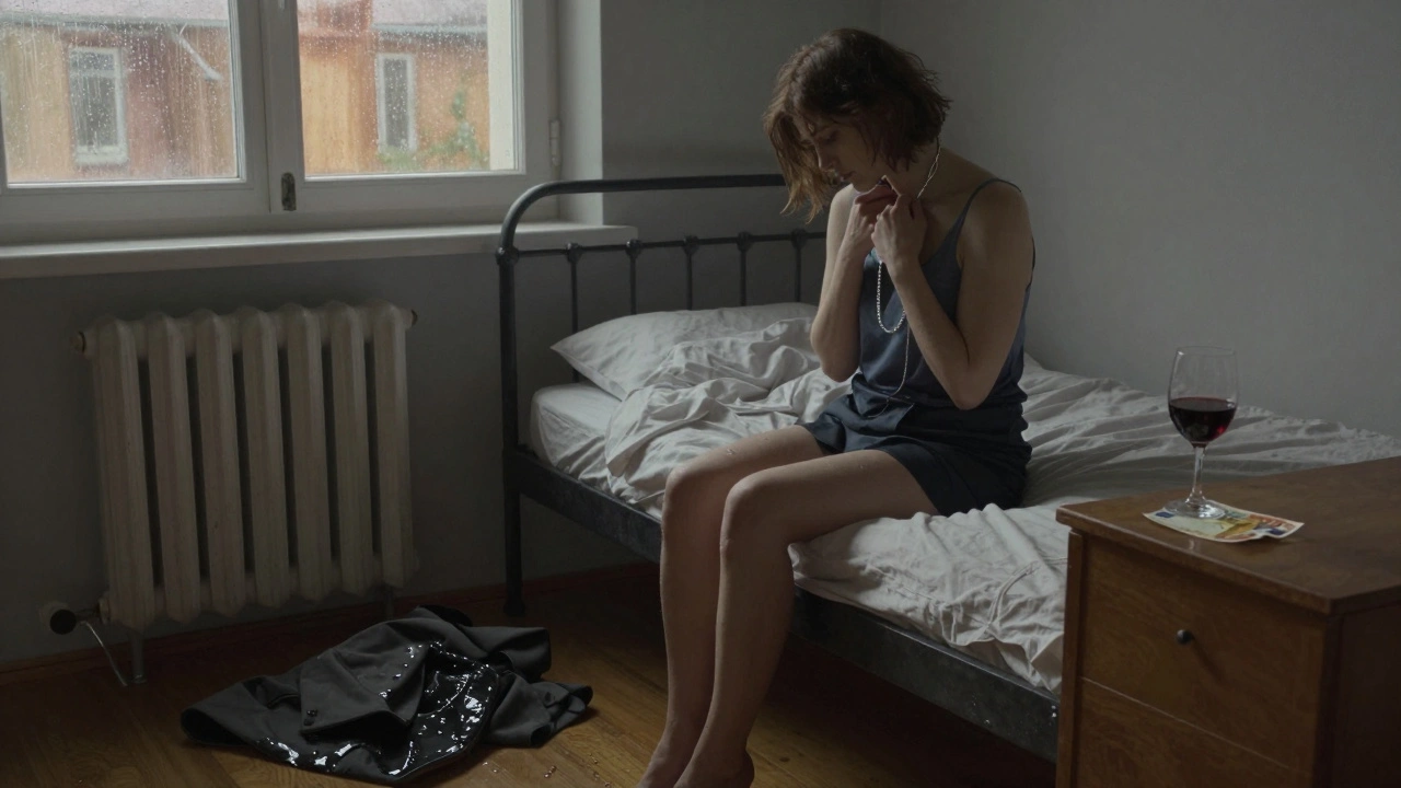 Une femme s'habille après une nuit d'intimité, un collier d'argent en main, la lumière du matin caresse une fenêtre ruisselante.