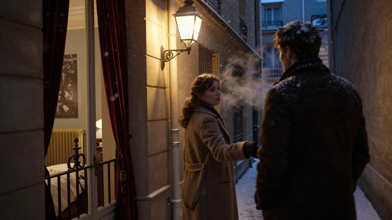 Une femme tend la main à un homme dans une ruelle enneigée de Paris, la lumière d'une lampe vacillante éclaire leur échange silencieux.