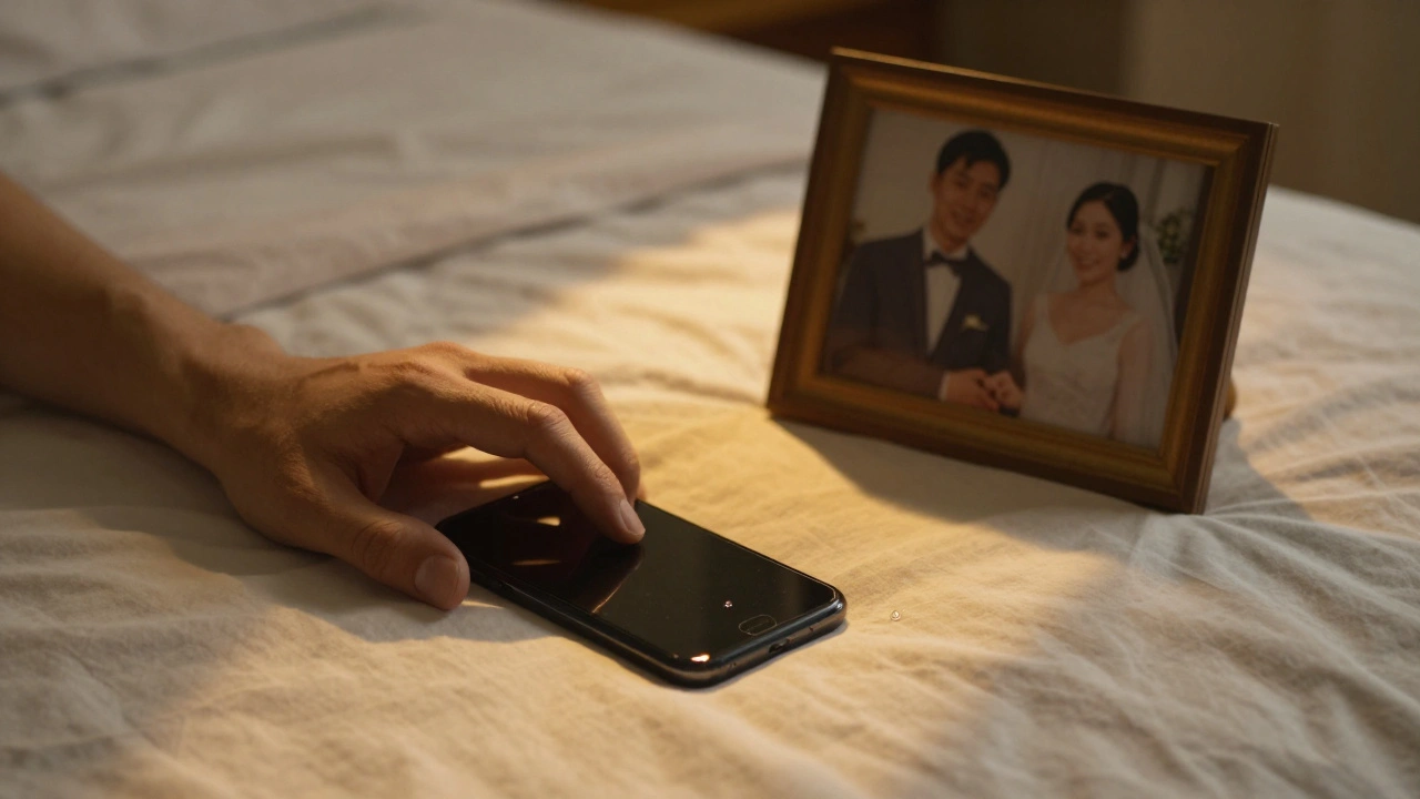 Une main vide tendue vers un téléphone éteint, à côté d’une photo de mariage fléchie sur un lit défait.