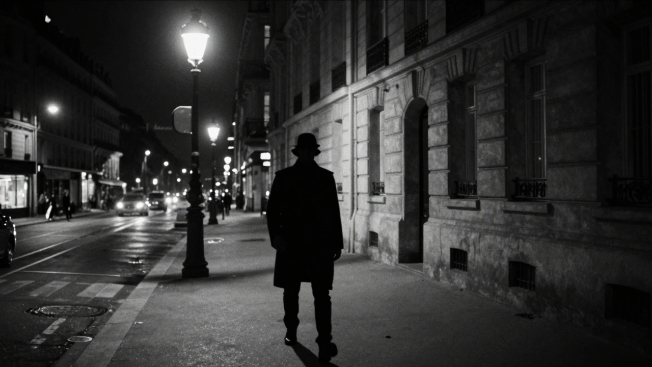 Une personne observe l'urbain de nuit avec prudence et attention.