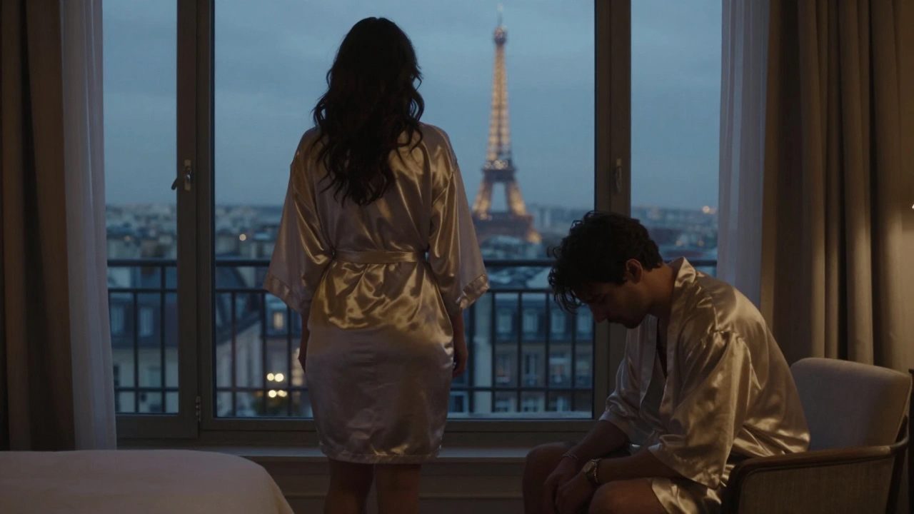 Une silhouette féminine à la fenêtre d'un hôtel parisien, les lumières de la Tour Eiffel en arrière-plan, une atmosphère de tendresse silencieuse.